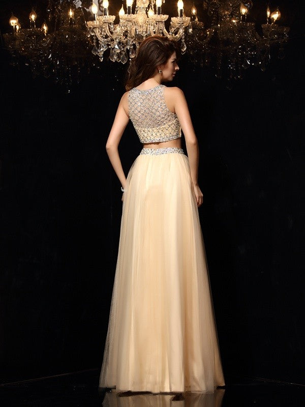 Champagne Sequin Tulle Two-Piece A-Line Floor-Length Evening Dress
