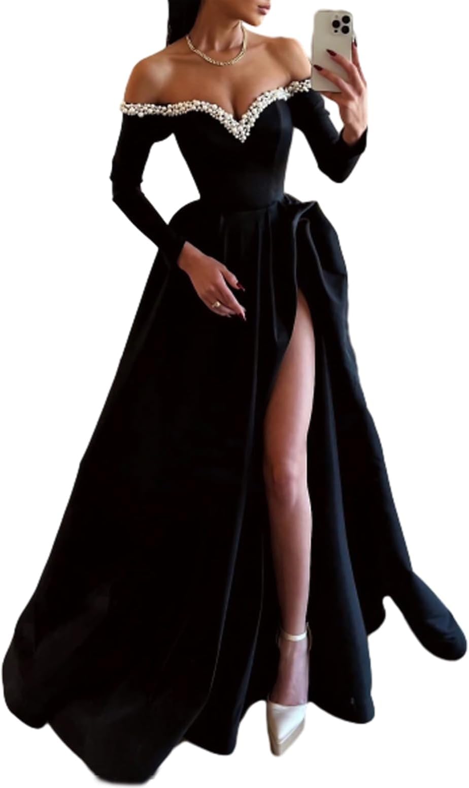 Black Satin Off-the-Shoulder A-Line Floor-Length Evening Dress