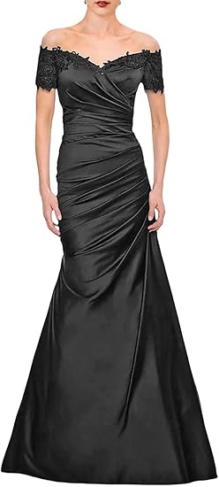 Dark Navy Satin Mermaid Off-the-Shoulder Floor-Length Dress for Evening Parties & Formal Events