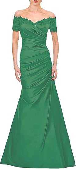 Dark Navy Satin Mermaid Off-the-Shoulder Floor-Length Dress for Evening Parties & Formal Events