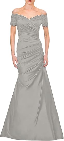 Dark Navy Satin Mermaid Off-the-Shoulder Floor-Length Dress for Evening Parties & Formal Events
