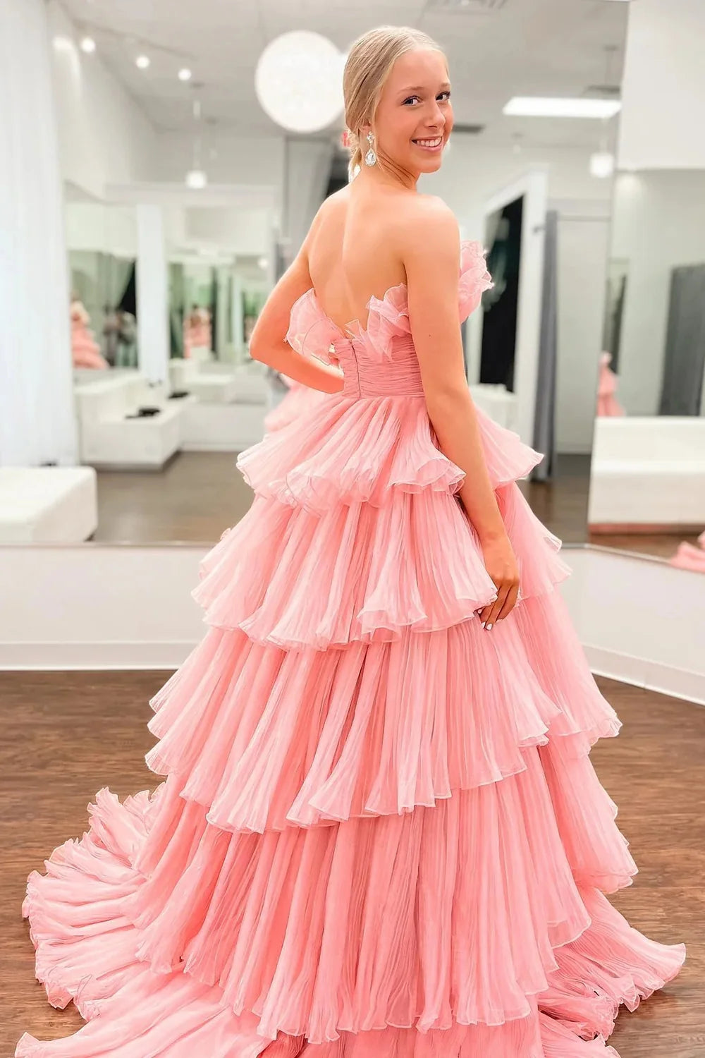 Pink Strapless Tiered Tulle Prom Dress