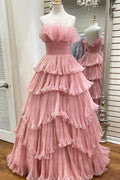 Pink Strapless Tiered Tulle Prom Dress