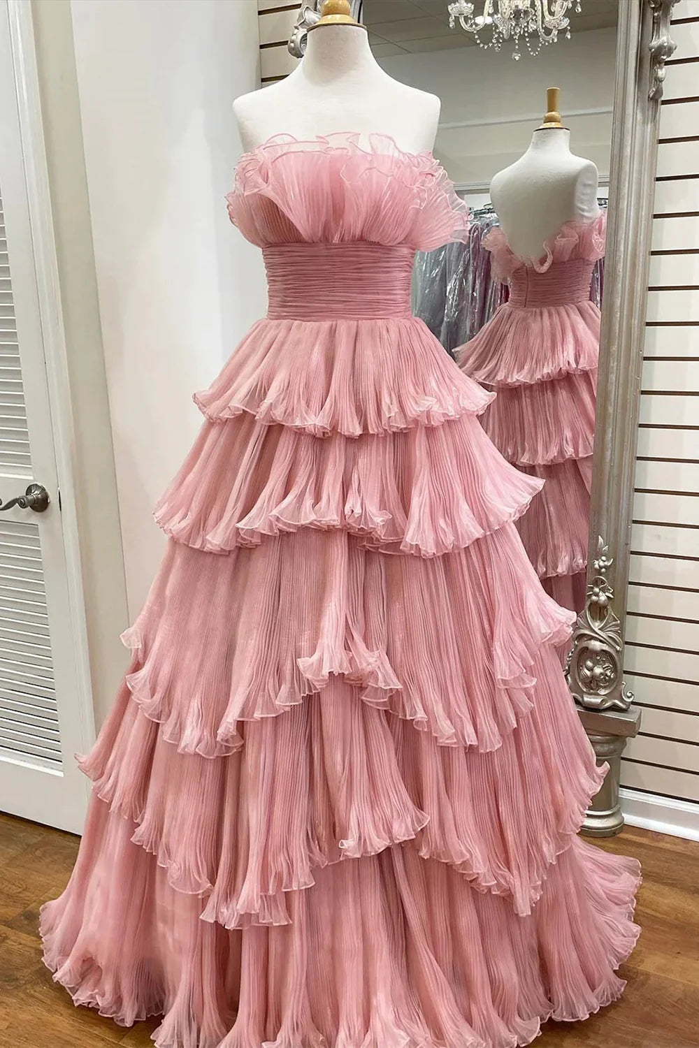 Pink Strapless Tiered Tulle Prom Dress
