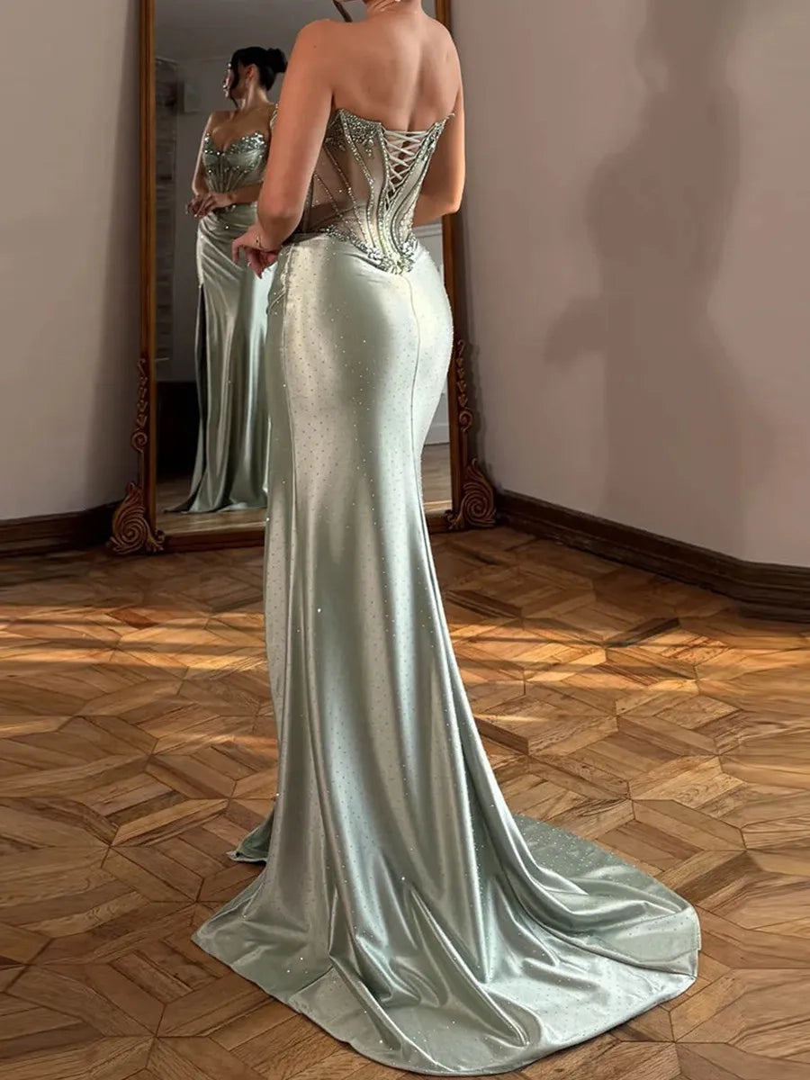 Glamorous Mermaid Sweetheart Strapless Lace Up Back Sage Long Prom Dress