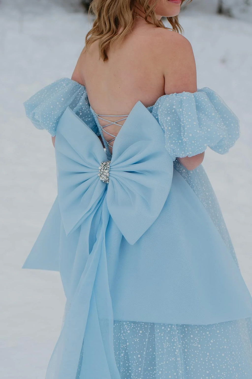 Light Blue Tulle A-line Sweetheart Off-shoulder Lace-up Back Long Prom Dress