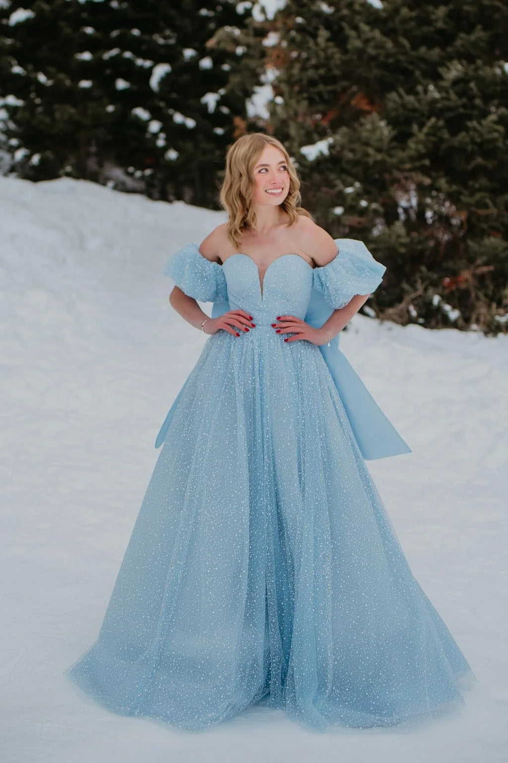 Light Blue Tulle A-line Sweetheart Off-shoulder Lace-up Back Long Prom Dress