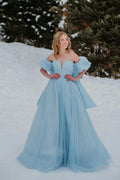Light Blue Tulle A-line Sweetheart Off-shoulder Lace-up Back Long Prom Dress