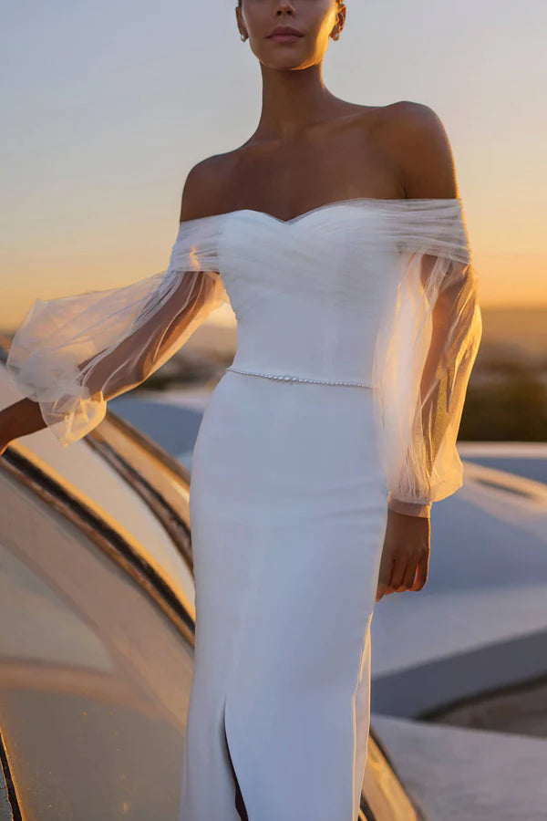 Vestido de novia único con cola de pez, mangas largas y hombros descubiertos