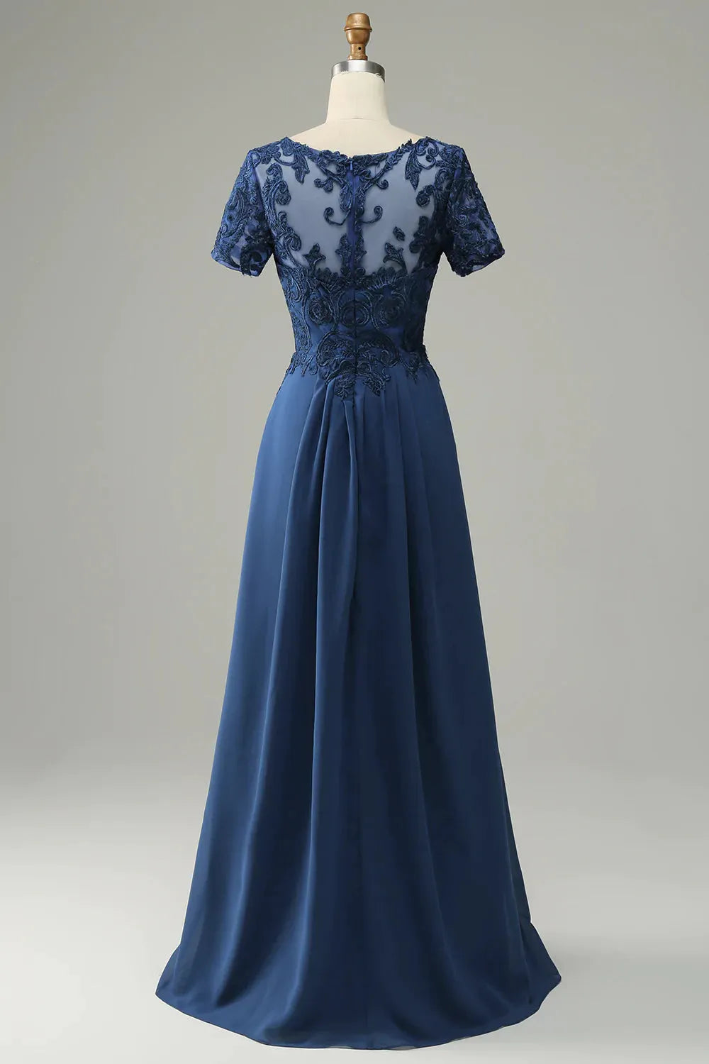 Dark Navy Chiffon A-Line V-Neck Floor-Length Bridesmaid Dress with Short Lace Sleeves