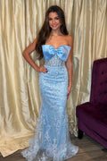Elegant Light Blue Lace Satin Mermaid Strapless Sweetheart Open Back Long Prom Dress