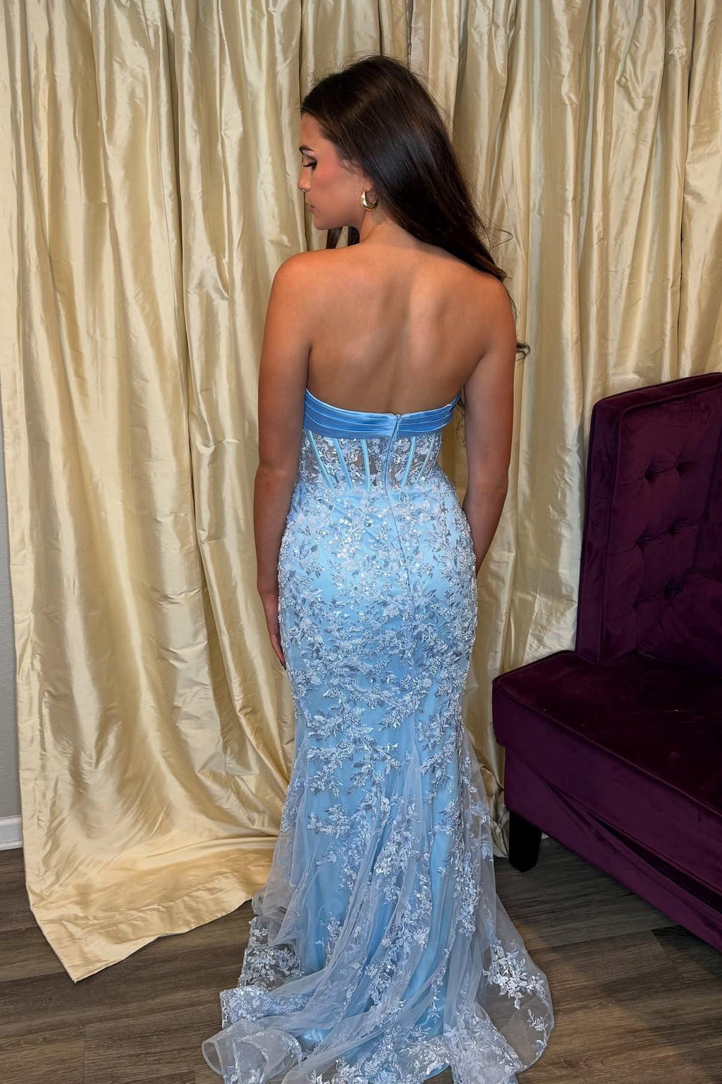 Elegant Light Blue Lace Satin Mermaid Strapless Sweetheart Open Back Long Prom Dress