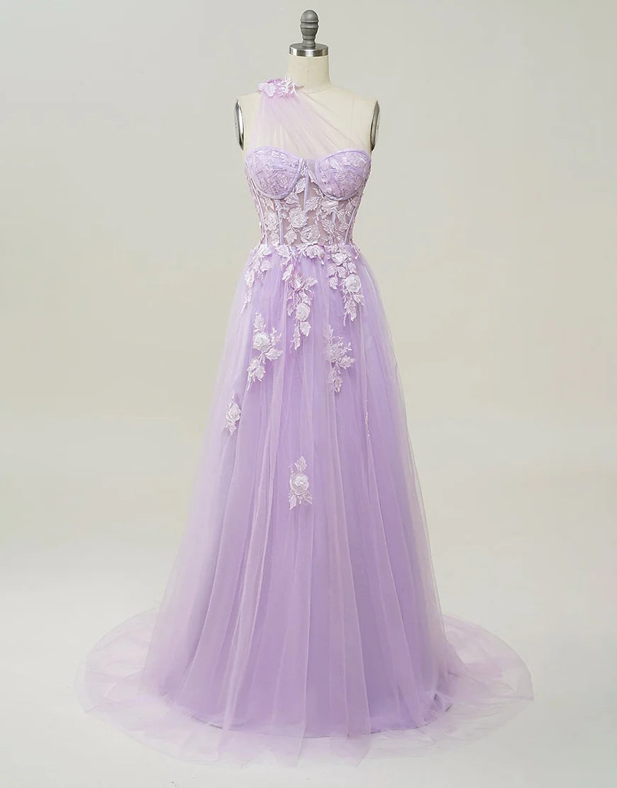 A-Line Prom Dresses Color Block Dress Formal Wedding Guest Sweep / Brush Train Sleeveless One Shoulder Tulle Backless with Pleats Appliques