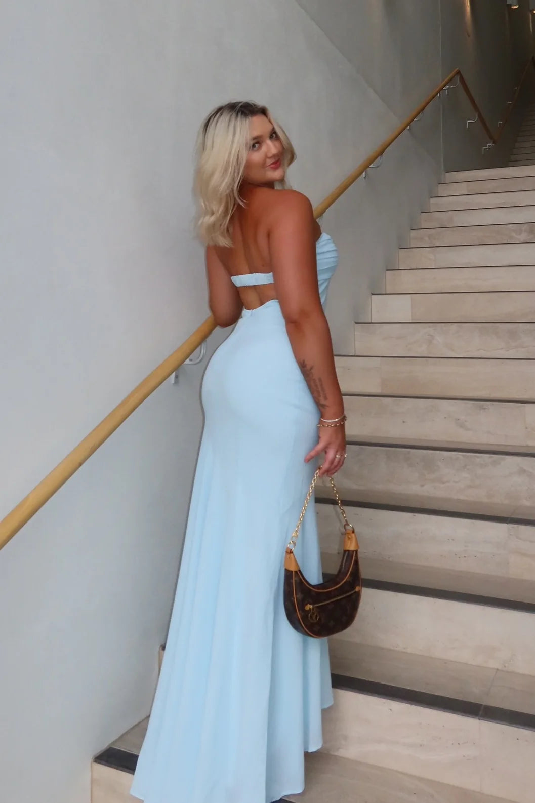 Light Blue Chiffon Strapless Mermaid Gown