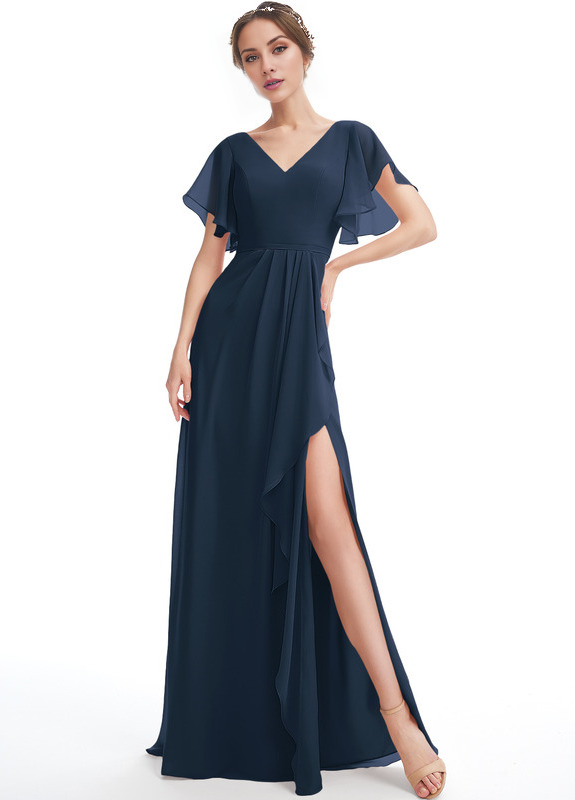 Vestido de dama de honor de gasa con volantes, escote en V y largo hasta el suelo