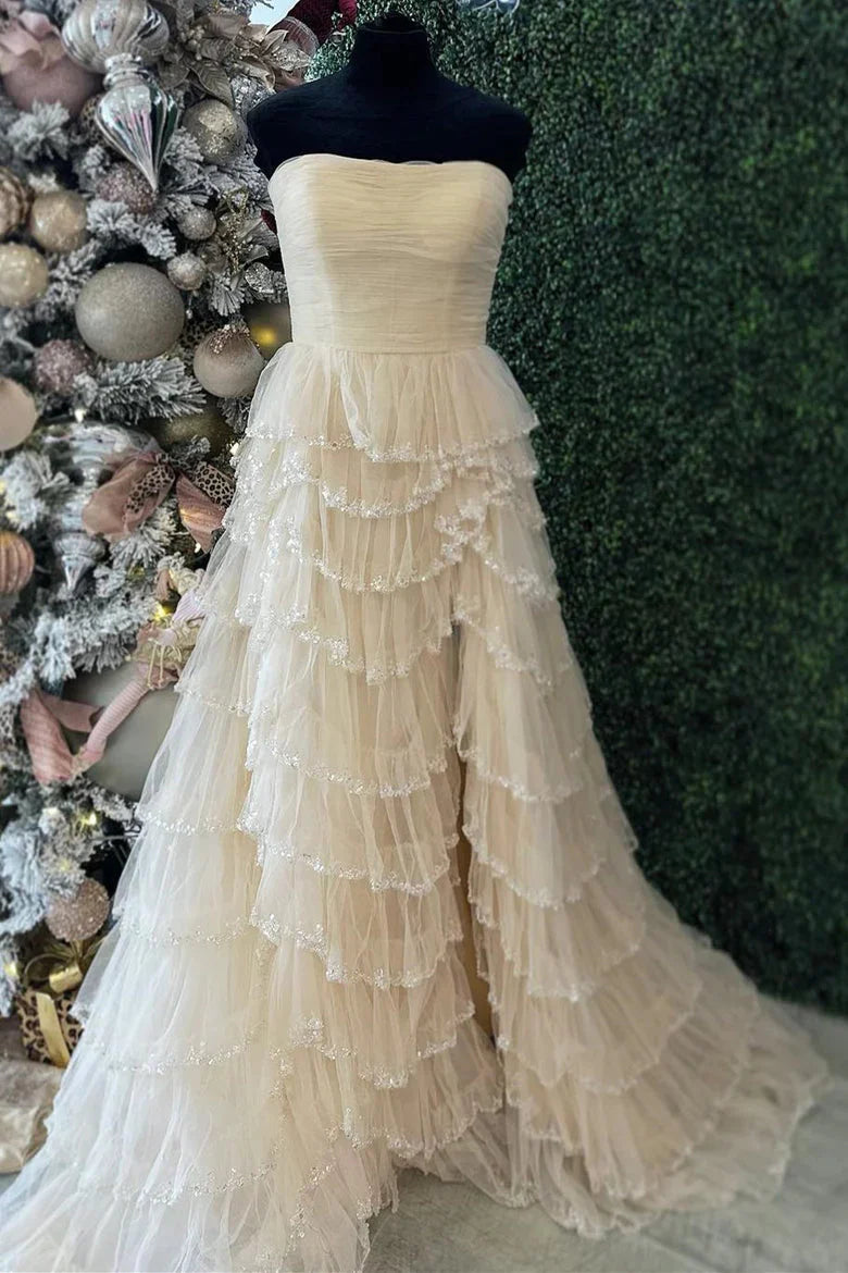 Sky Blue Tulle A-Line Floor-Length Gown with Tiered Ruffles + High Slit