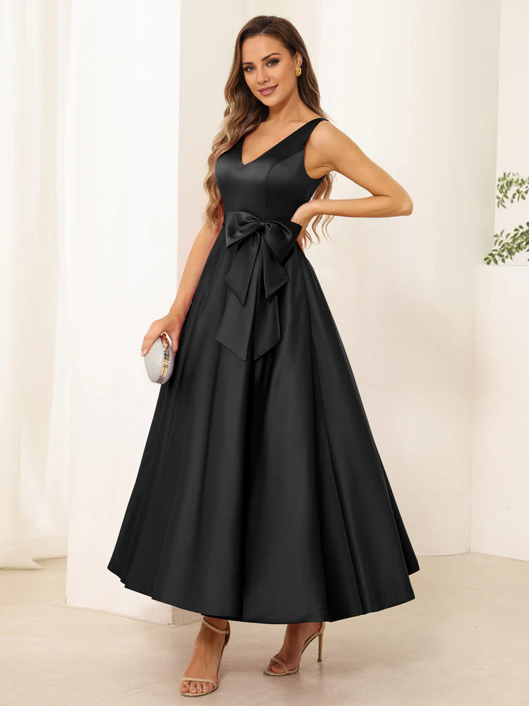 Dark Navy Satin A-Line Tea-Length Bridesmaid Dress with V-Neck and Waist Bow