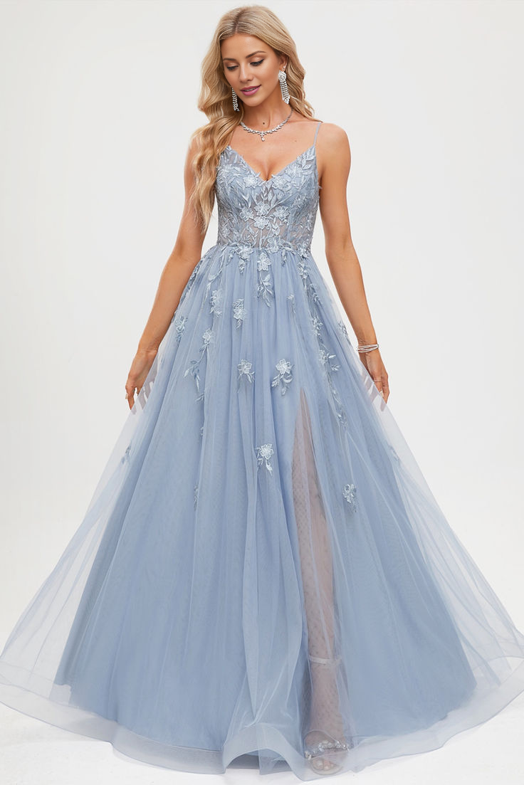 Dusty Blue Tulle A-Line Floor-Length Evening Dress with Floral Embroidery