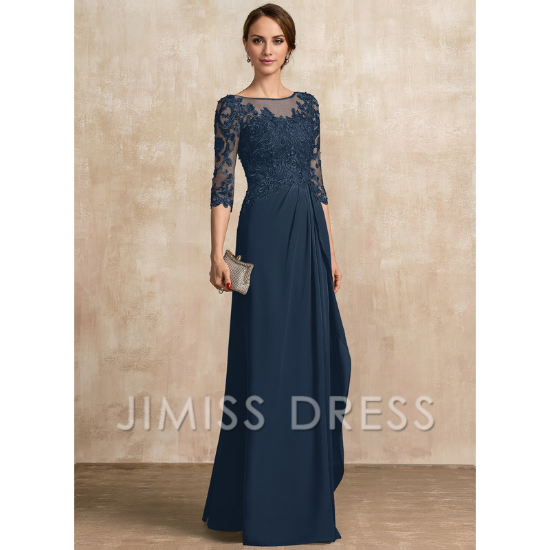 Jimiss A-shaped Scoop Illusion floor mopping chiffon lace ribbon bead sequins layered ruffles mother of the bride dress