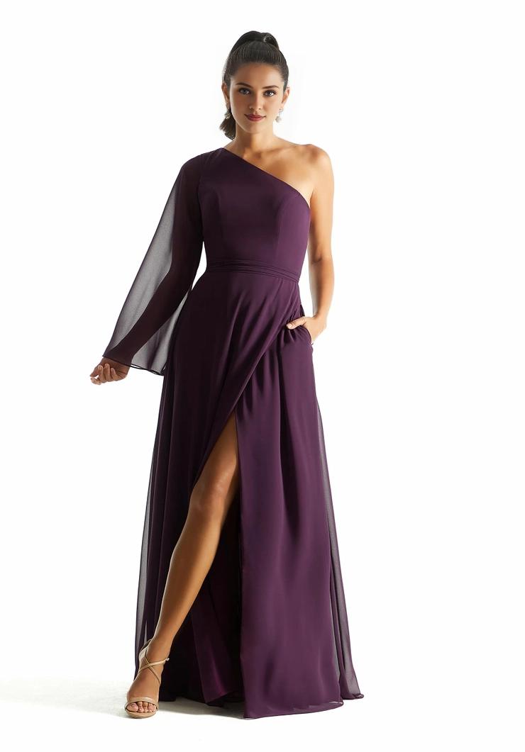 Abito da damigella d'onore bianco neve trasparente con scollatura monospalla, maniche lunghe e linea ad A