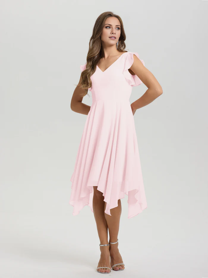 Lotus leaf edge sleeve V-neck asymmetrical tea long chiffon tea long bridesmaid dress