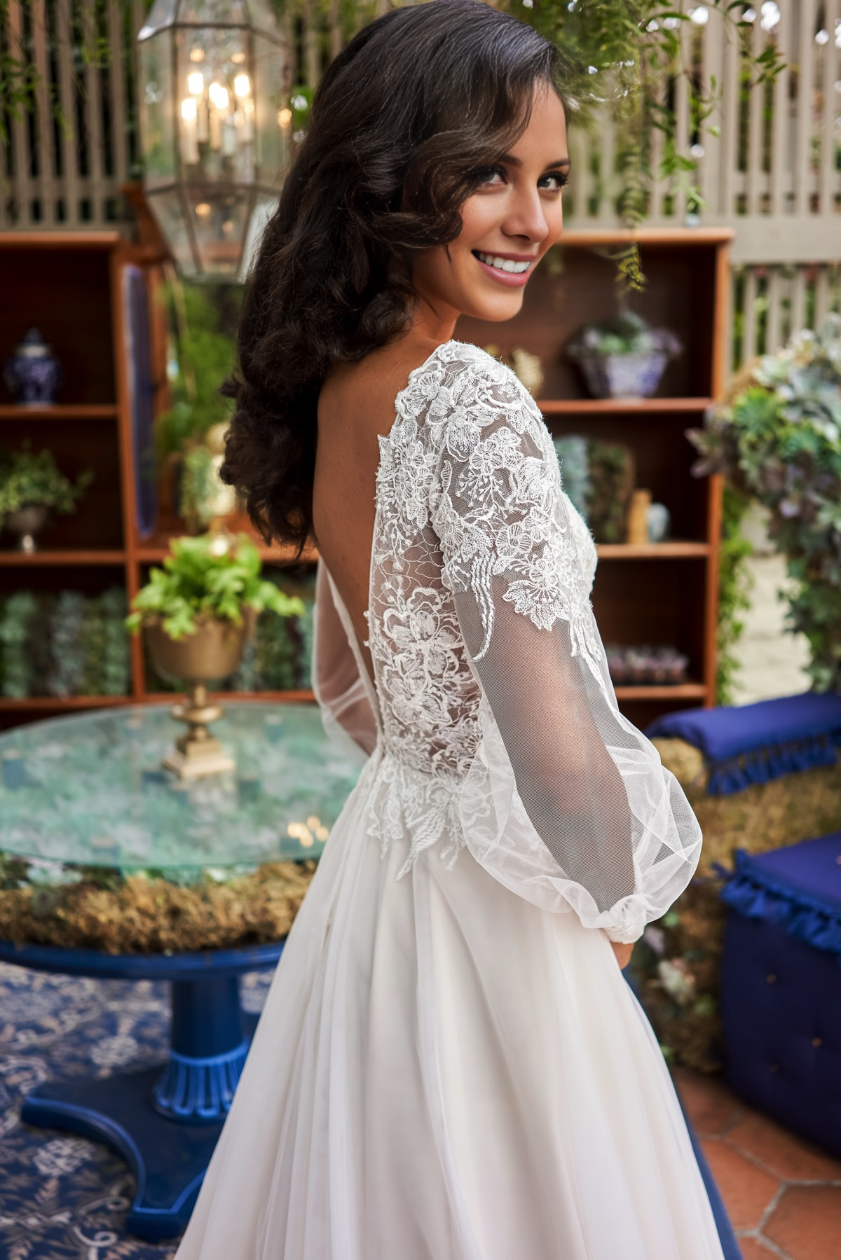Ivory Lace A-Line Floor-Length Evening Dress with Illusion V-Neck & Puff Sleeves