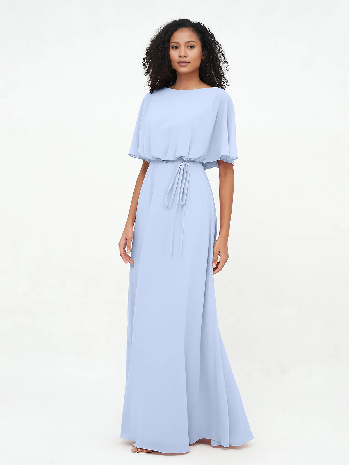 Butter Chiffon A-Line Floor-Length Bridesmaid Dress with Boat Neck & Self-Tie Waist