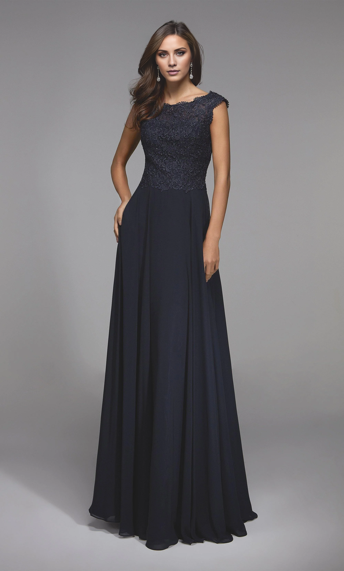 Dark Navy Chiffon A-Line Floor-Length Bridesmaid Dress with Lace Bodice