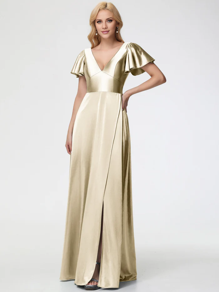 Vestido de fiesta de satén con escote en V profundo y mangas cortas de Jimiss