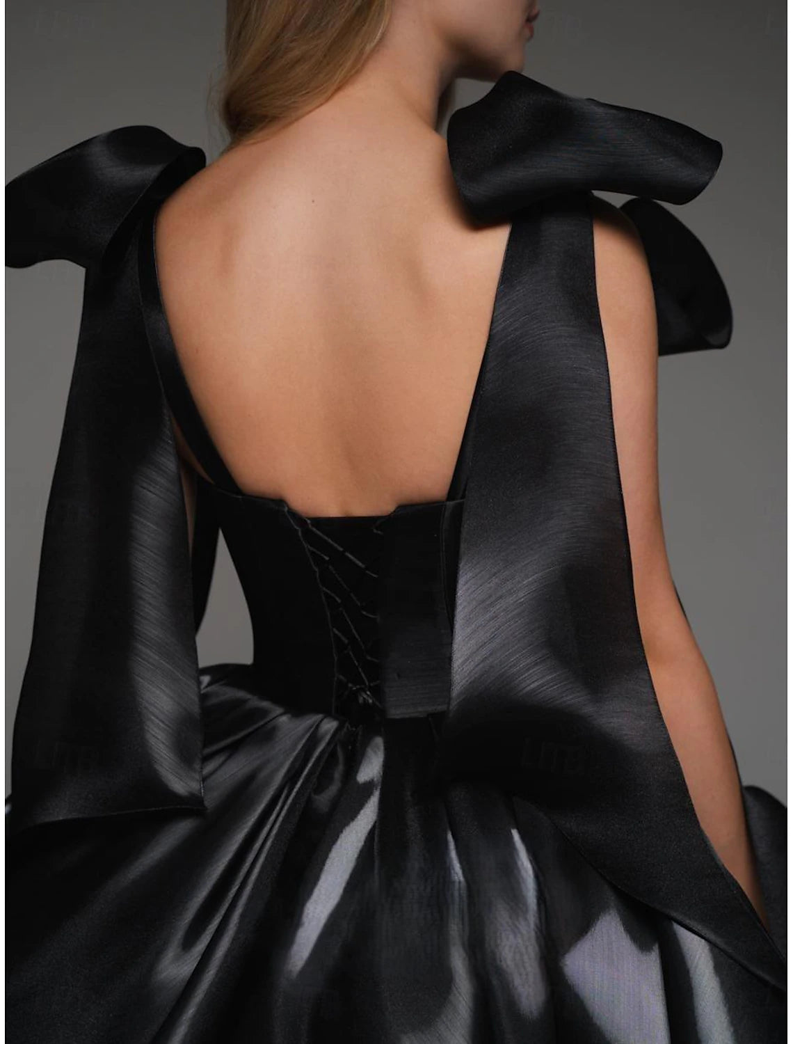 Vestidos de fiesta de corte A con corsé, para graduación, cortos/mini, sin mangas, con tirantes finos, de satén y lazo.