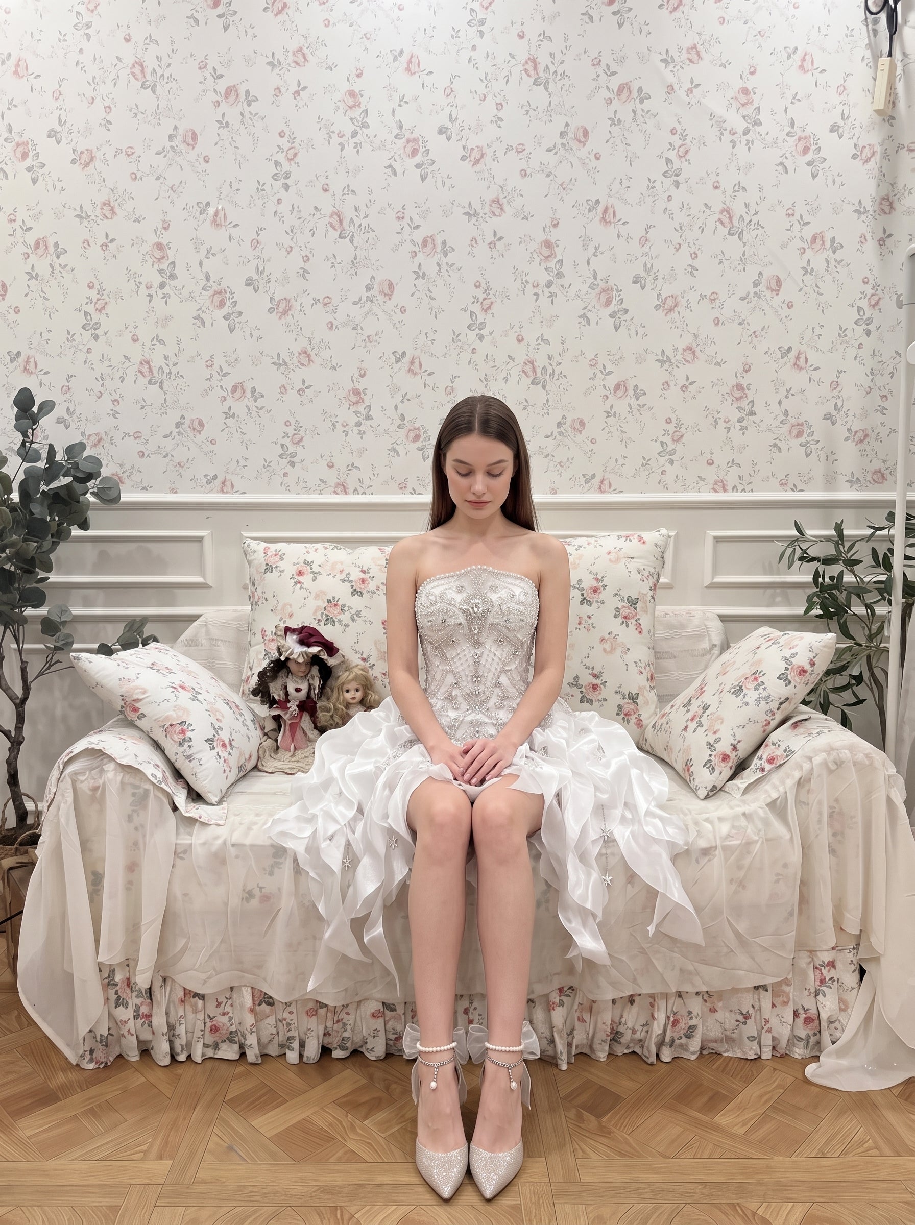 White Satin and Tulle with Heavy Beading A-Line Strapless Short Dress
