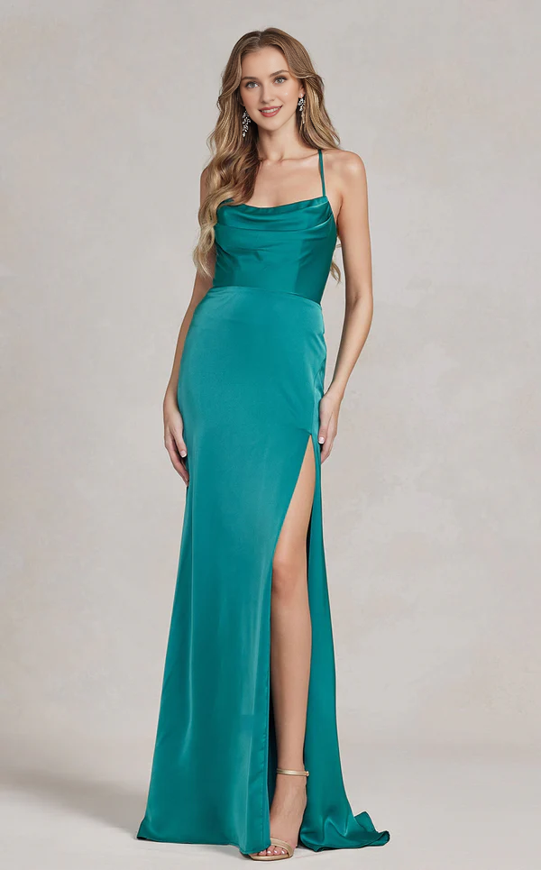 A-line sleeveless thin shoulder strap fitted tight corset slit and floor length Prom dress
