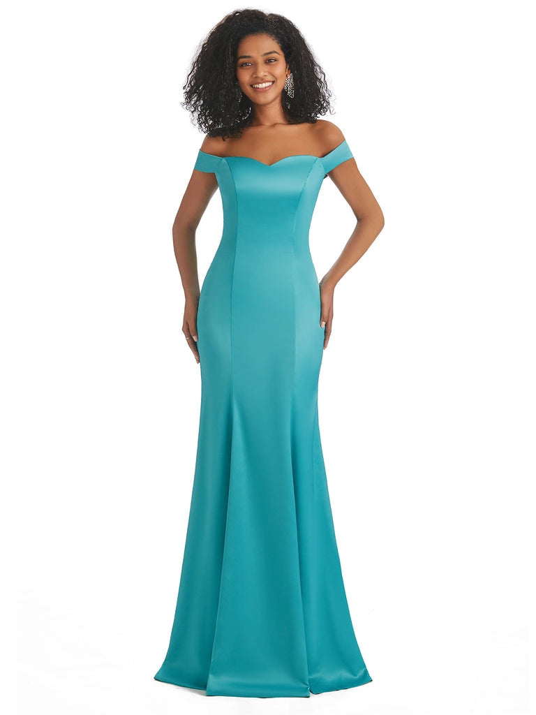 Vestidos de dama de honor largos, sencillos, de satén suave, sin mangas y con hombros descubiertos, de corte sirena