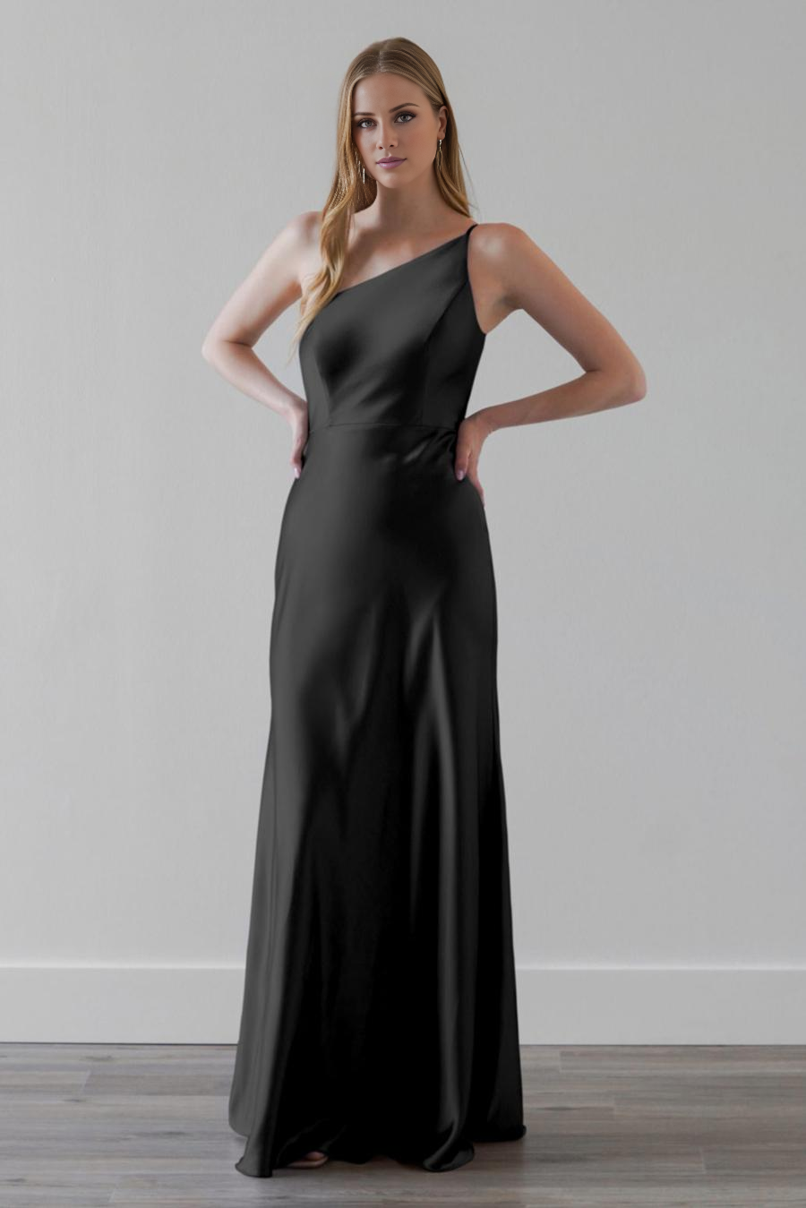 Vestido de noche Jimiss con cuello de un solo hombro, sin mangas y largo hasta el suelo