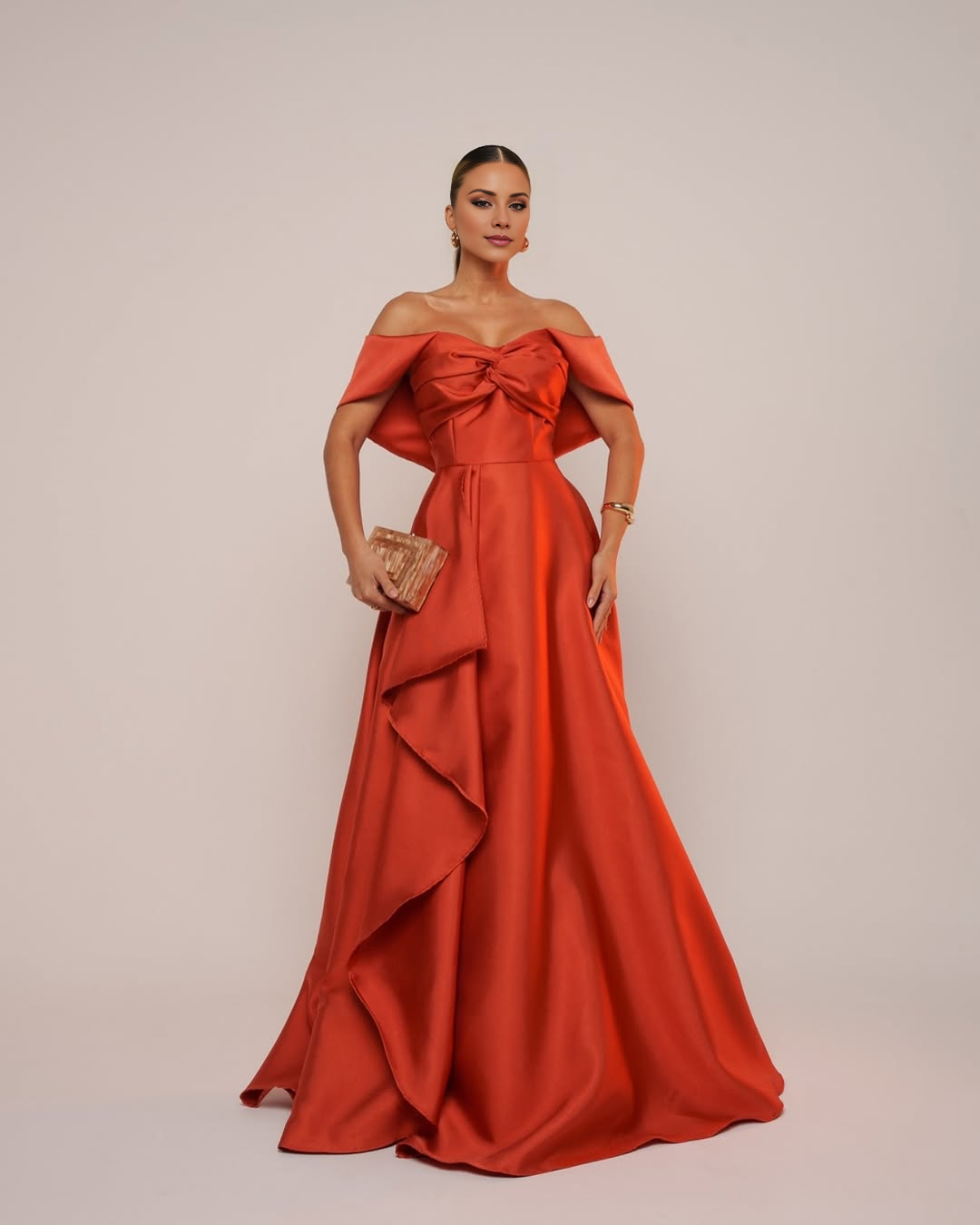 Dusty Rose Off-the-Shoulder A-Line Satin Floor-Length Evening Dress