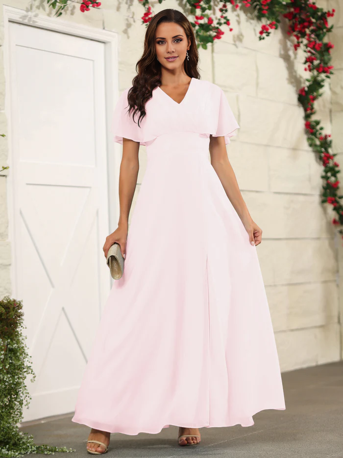 Chiffon short sleeved V-neck slit and floor length bridesmaid dress