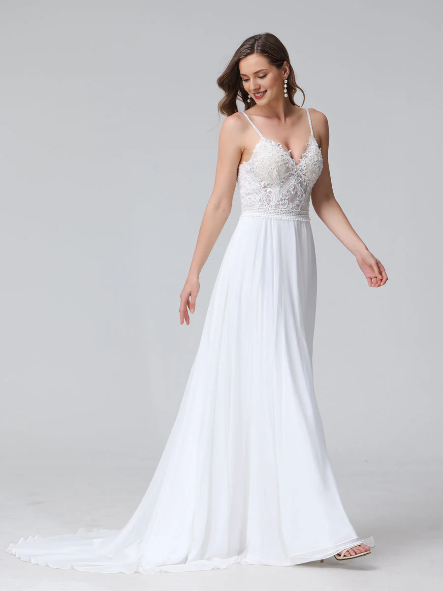 Vestido de novia largo de gasa sin mangas con escote en V y tirantes finos en forma de A