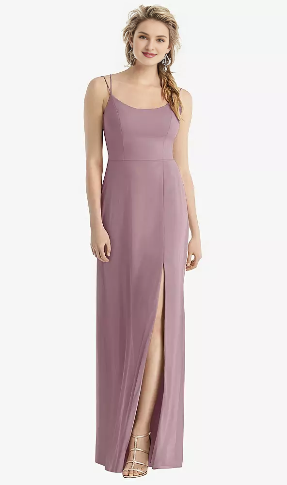 Blushing Pink Chiffon Sheath/Column Floor-Length Bridesmaid Dress with Scoop Neck, High Slit & Backless Design