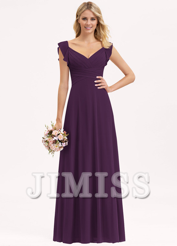 Vestido de dama de honor de gasa con escote en V estilo imperio, volantes en capas y bajo