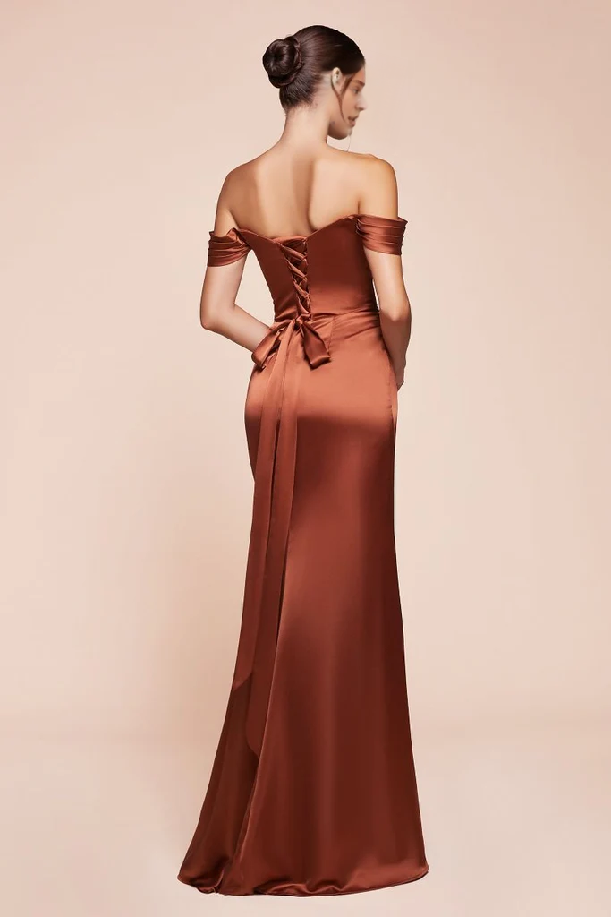 Cinnamon Satin Off-the-Shoulder A-Line Floor-Length Bridesmaid Dress