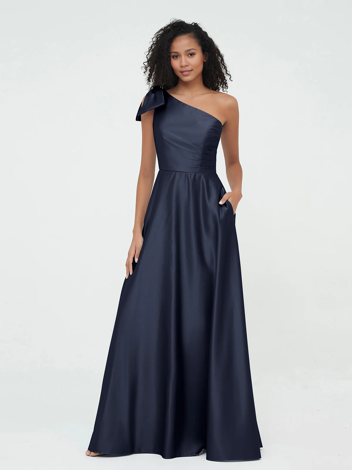 Sky Blue Satin A-Line Floor-Length One Shoulder Bridesmaid Dress