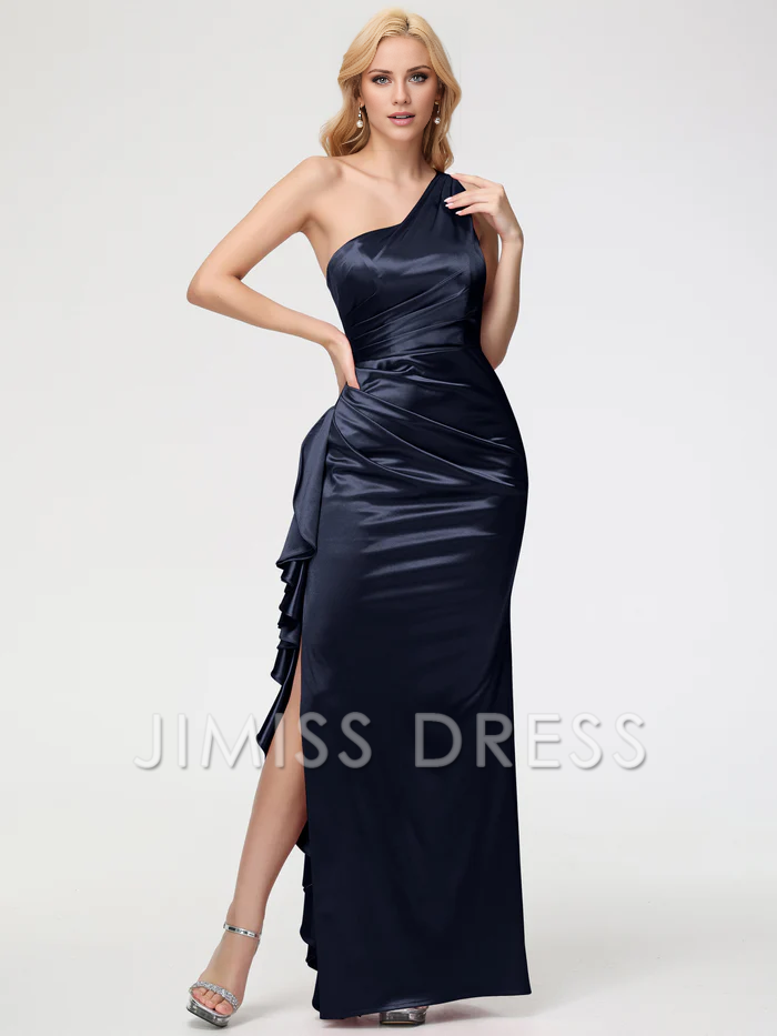 Vestido de fiesta Jimiss de satén con volantes, plisado, sin mangas y un solo hombro, corte trompeta/sirena