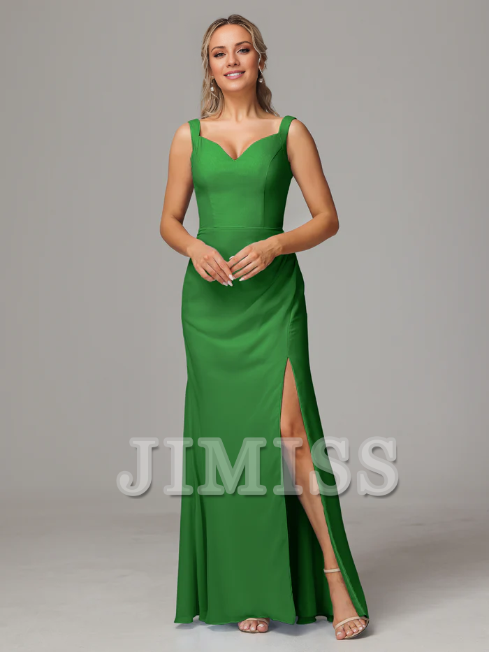 Vestido de dama de honor de gasa con escote en V, abertura, sin mangas y hombros descubiertos