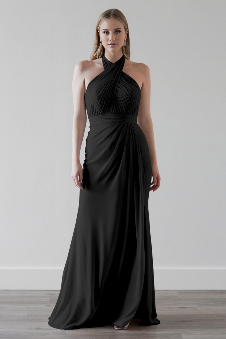 Mulberry Chiffon A-Line Halter Neckline Floor-Length Bridesmaid Dress