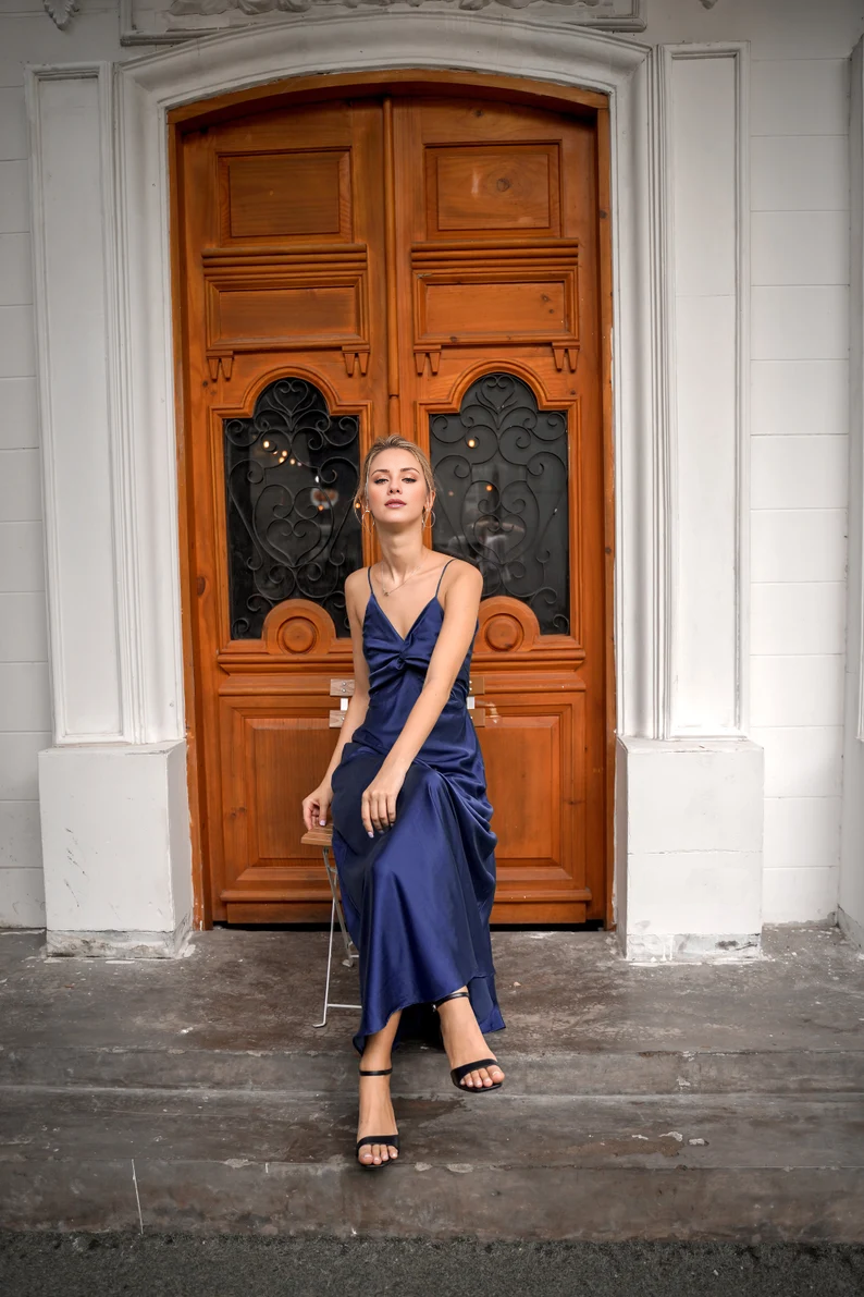 Dark Navy Satin Cowl Neck Long Evening Dress