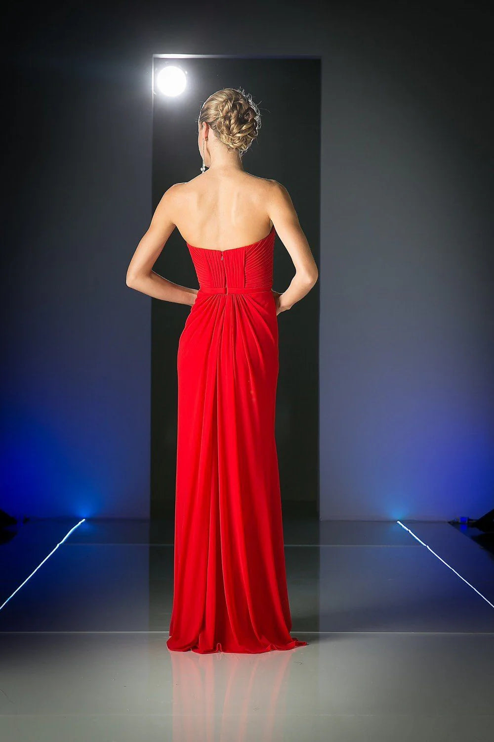 Red Chiffon A-Line Floor-Length Evening Dress with Sweetheart Neckline and Pleated Bodice + Draped Waist