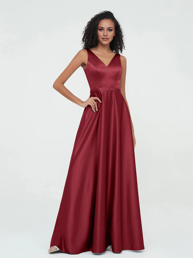 Satin Spaghetti-Strap V-Neck Ruched Bodice A-Line Floor-Length Bridesmaid Dresses