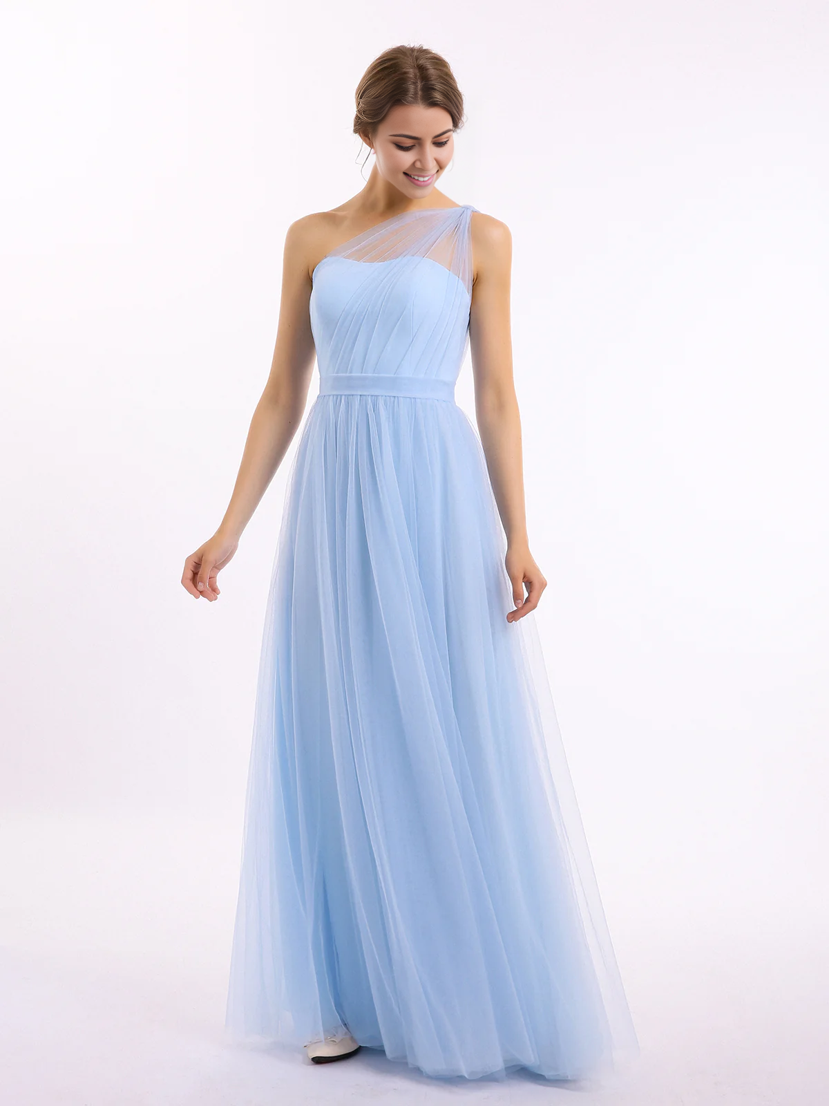 Vestido de dama de honor para boda con un solo hombro de malla