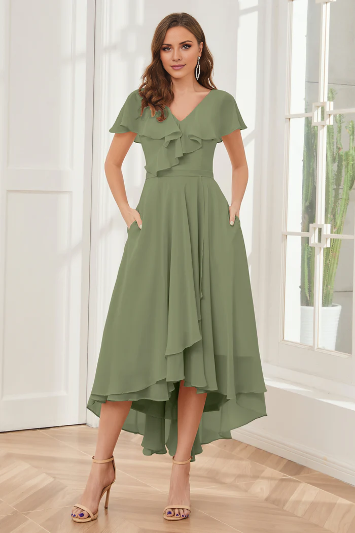 V-neck high-low short sleeved tea long bridesmaid dress