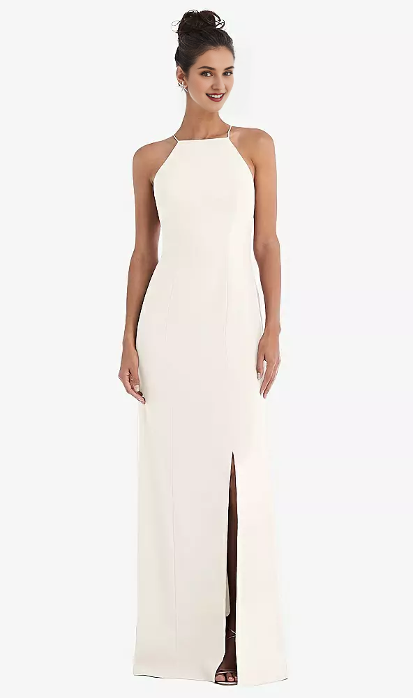 Vestido de fiesta sin espalda, cuello alto, colgante, largo hasta el suelo y con cuernos